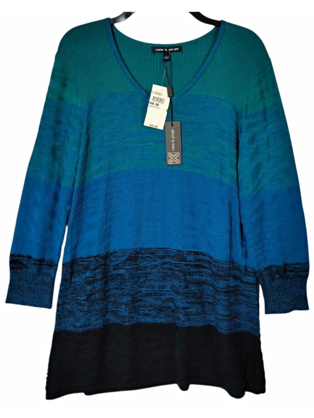 Cable & Gauge Womens Large NWT Blue Teal Colorblock V Neck Tunic Sweater Cotton
